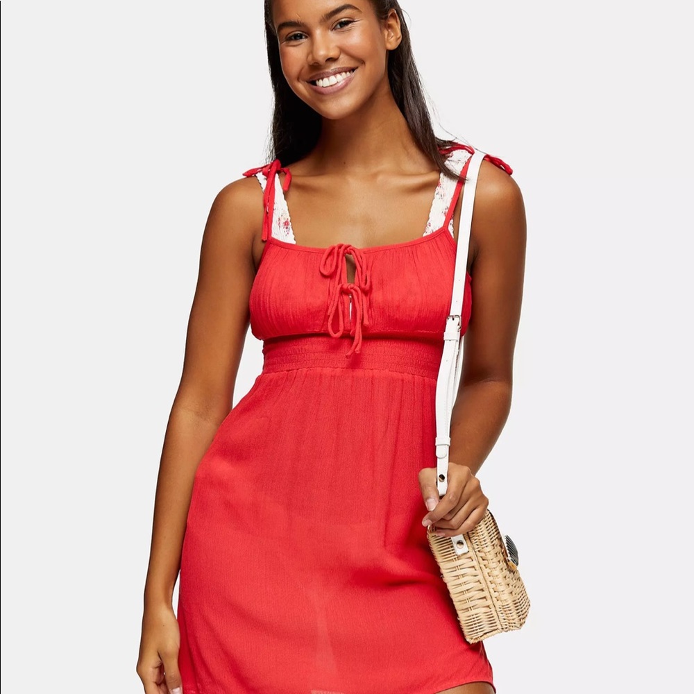 Topshop red ruche front beach dress